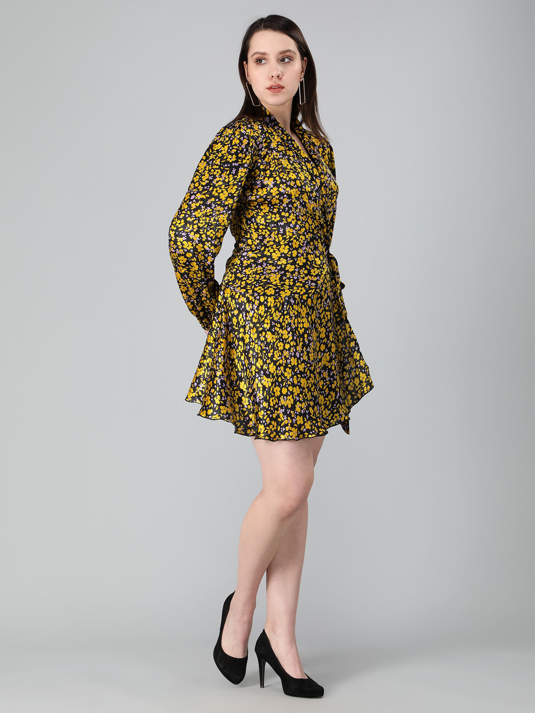 Black and Yellow Floral Printed Wrap Dress