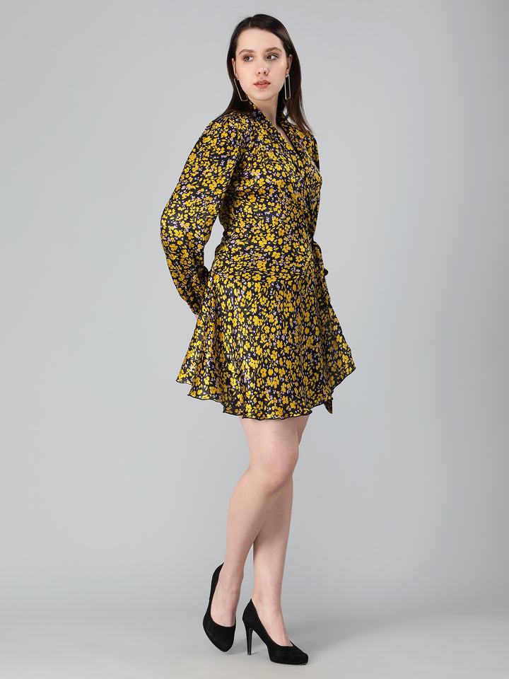 Black and Yellow Floral Printed Wrap Dress