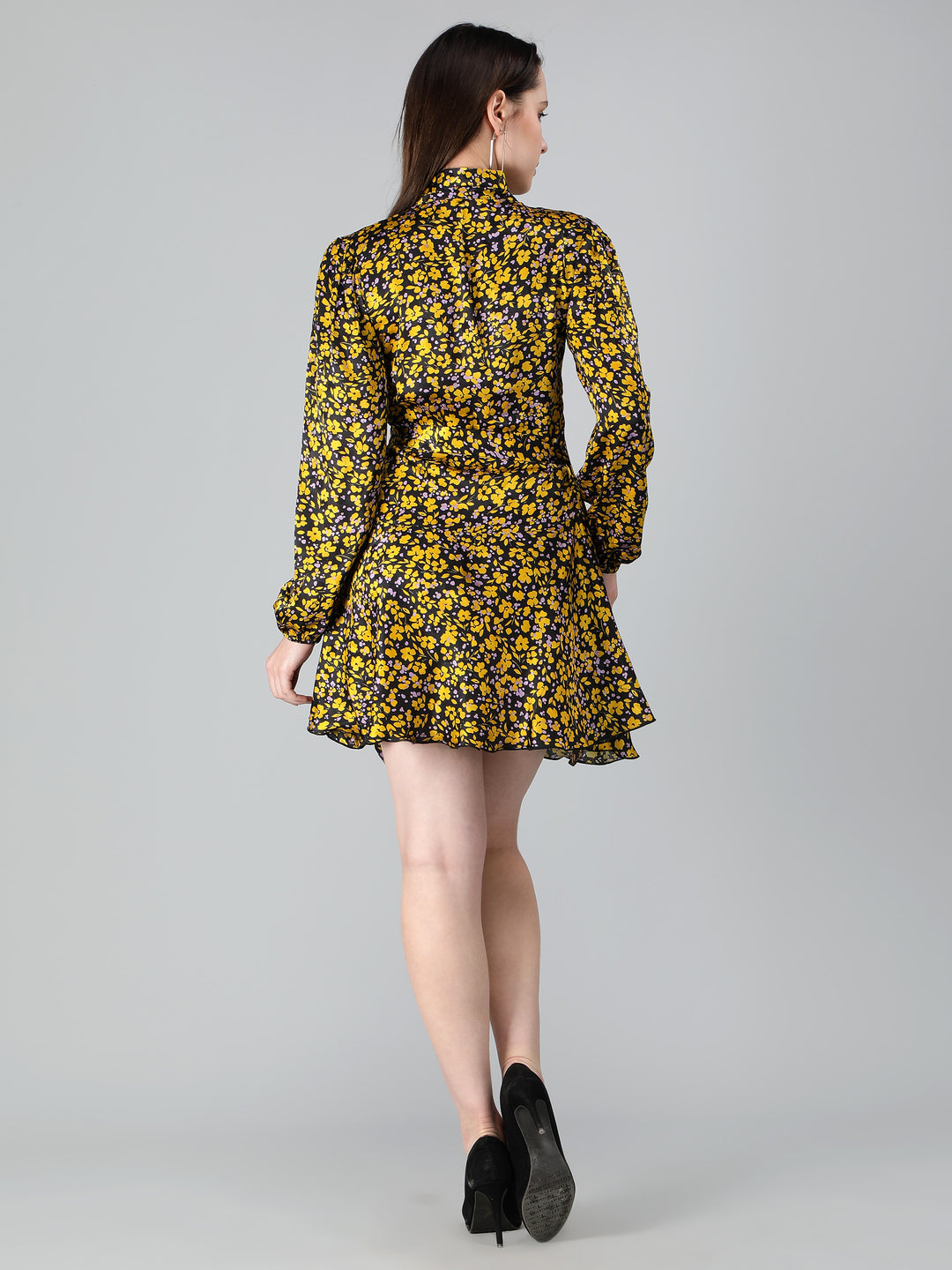 Black and Yellow Floral Printed Wrap Dress