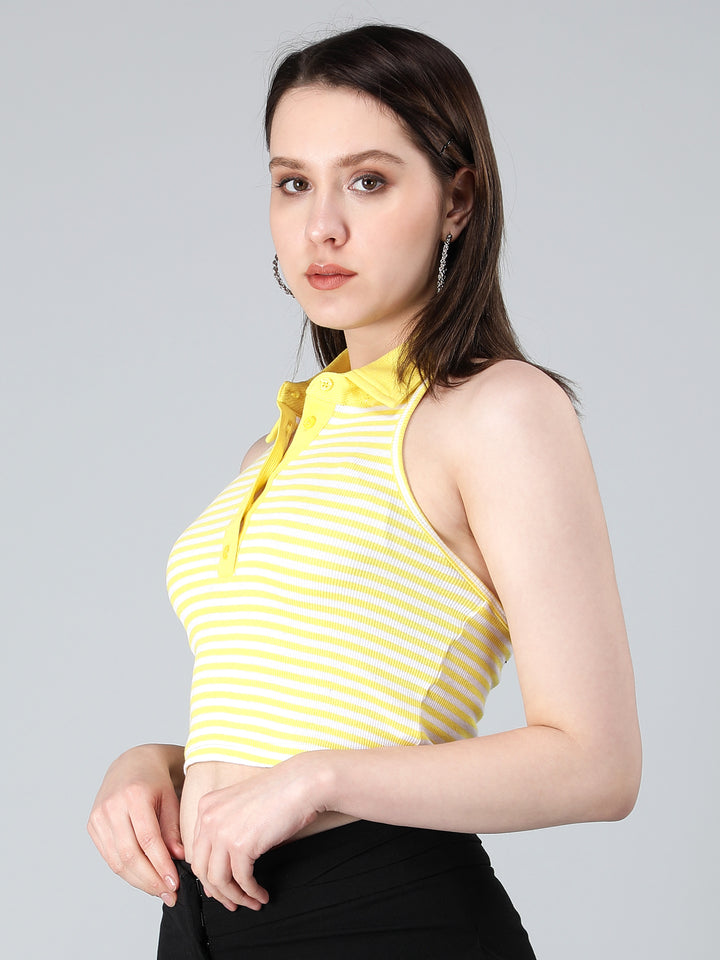 Stripe Sleeveless Crop Top for Women with Color Neck