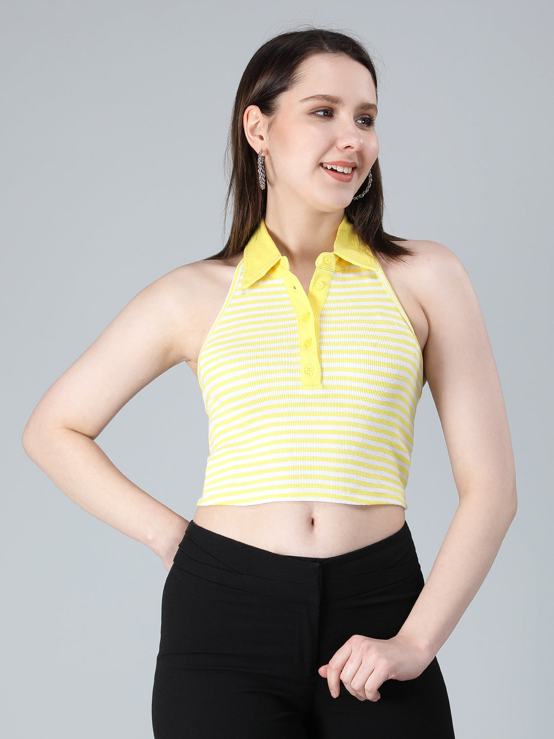 Stripe Sleeveless Crop Top for Women with Color Neck