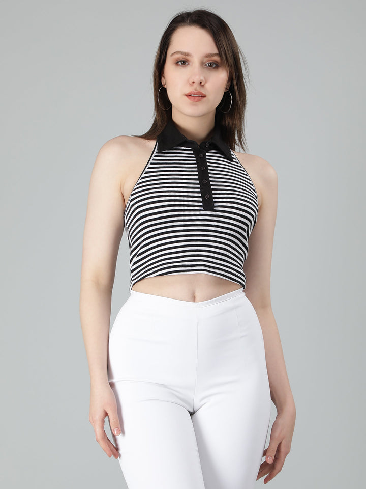 Stripe Sleeveless Crop Top for Women with Color Neck