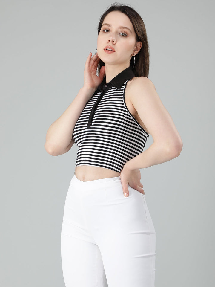 Stripe Sleeveless Crop Top for Women with Color Neck