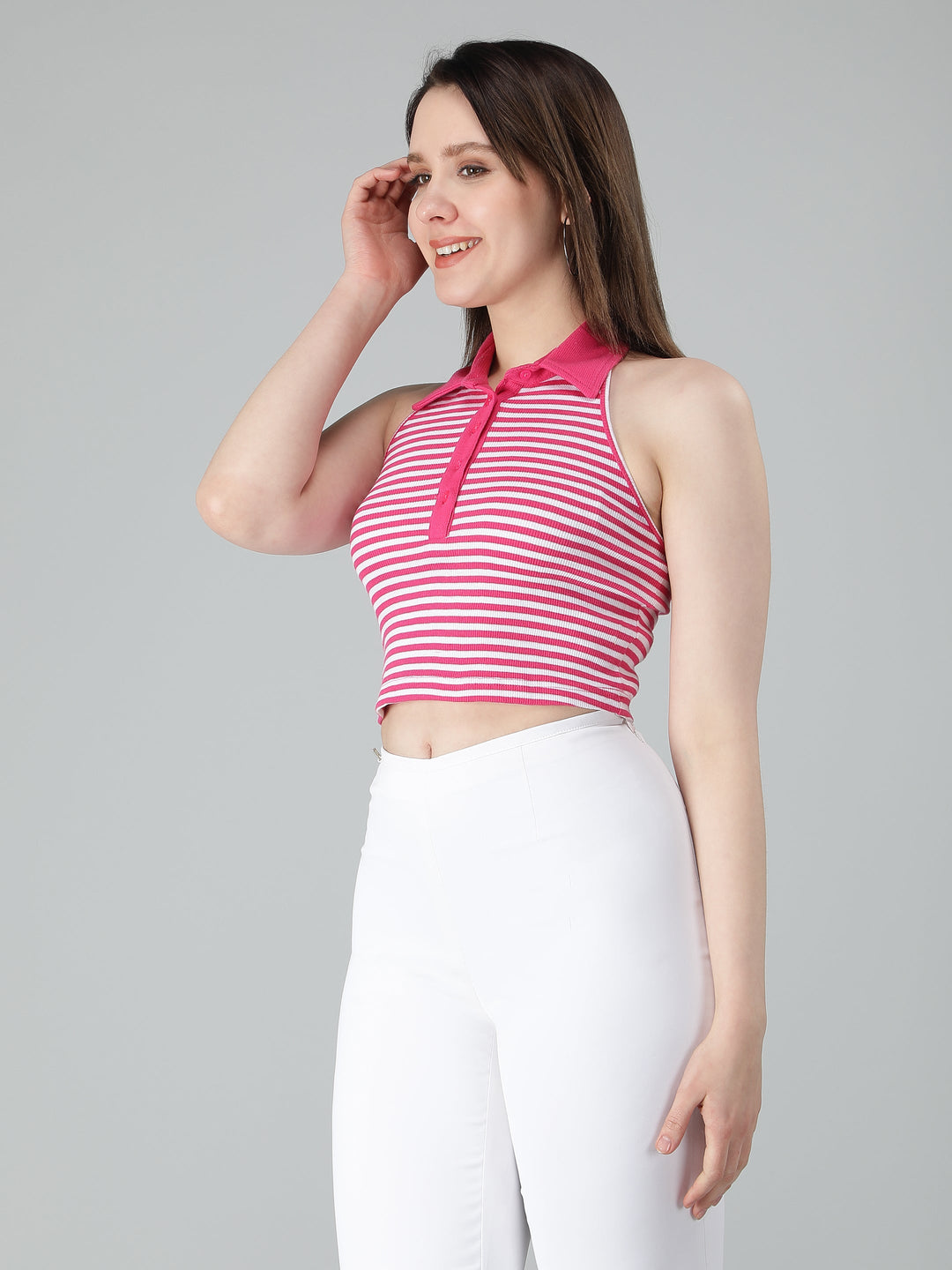 Stripe Sleeveless Crop Top for Women with Color Neck