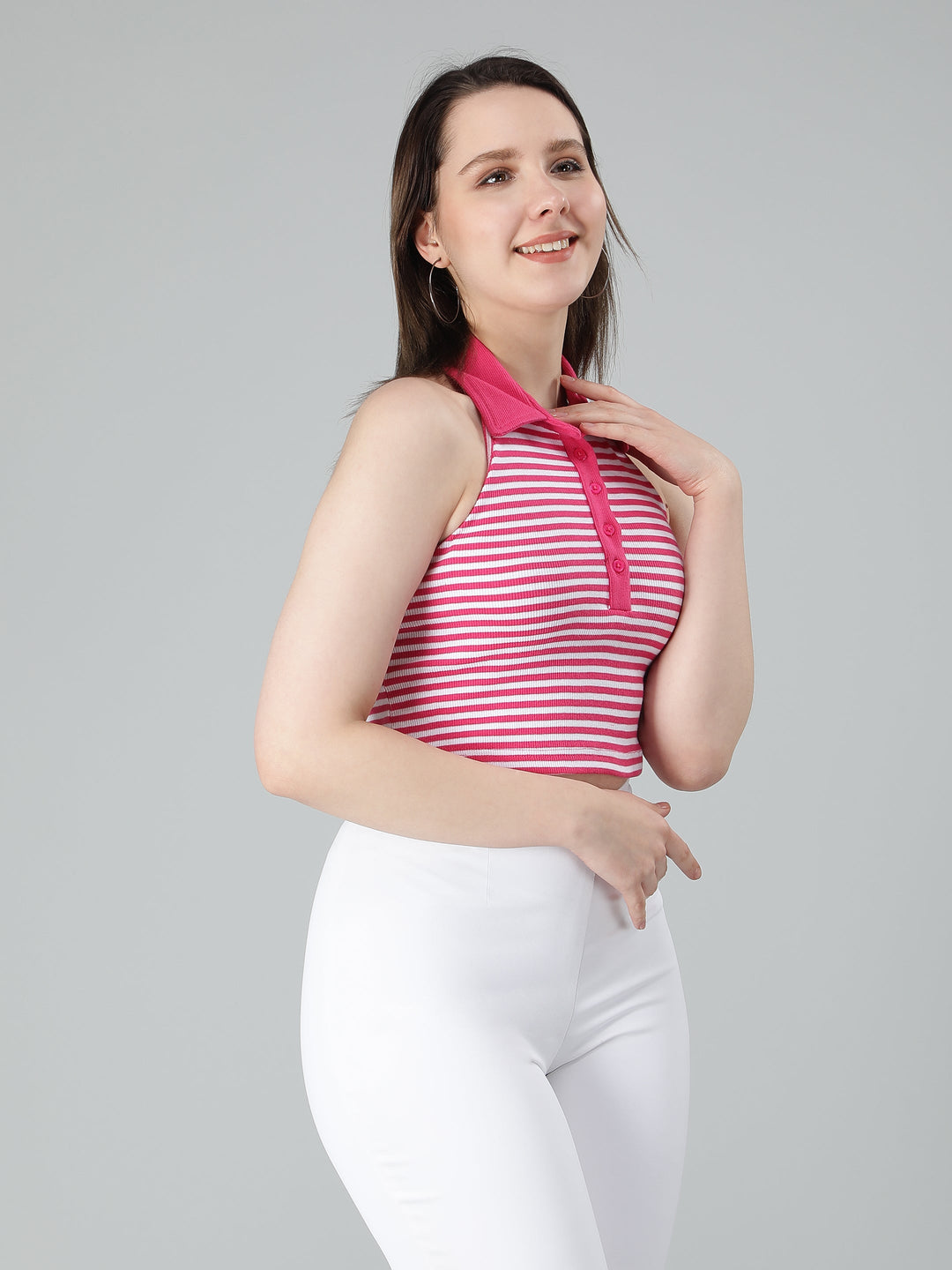 Stripe Sleeveless Crop Top for Women with Color Neck