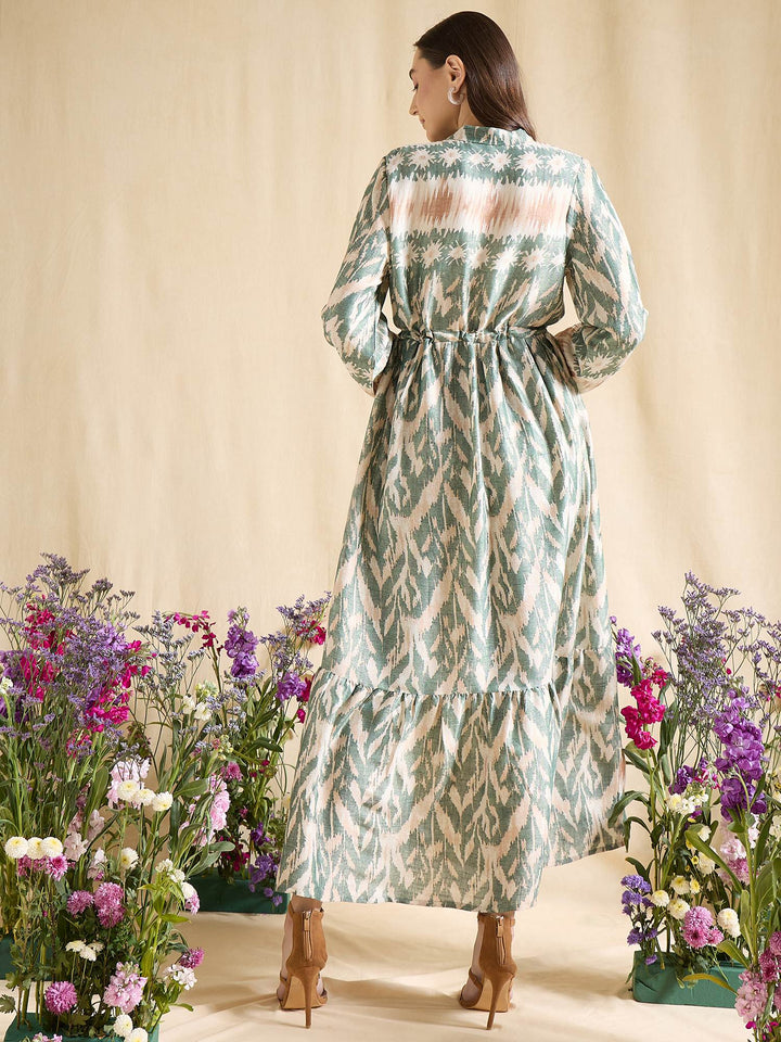 Blue Ikat Print Maxi Dress for Women with Tie Waist & Long Sleeves