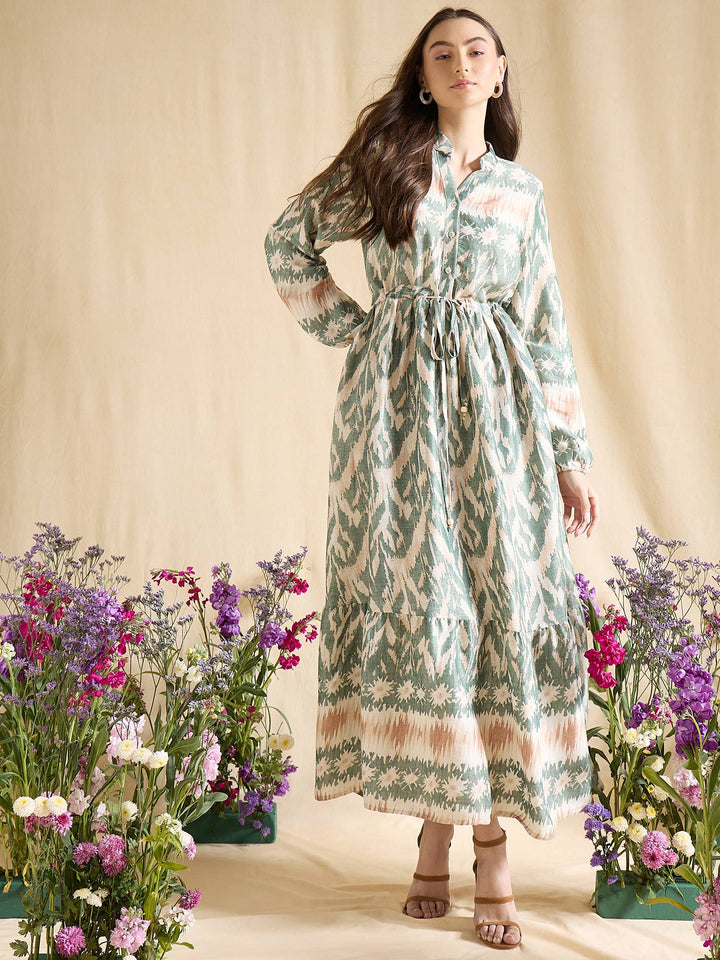 Blue Ikat Print Maxi Dress for Women with Tie Waist & Long Sleeves