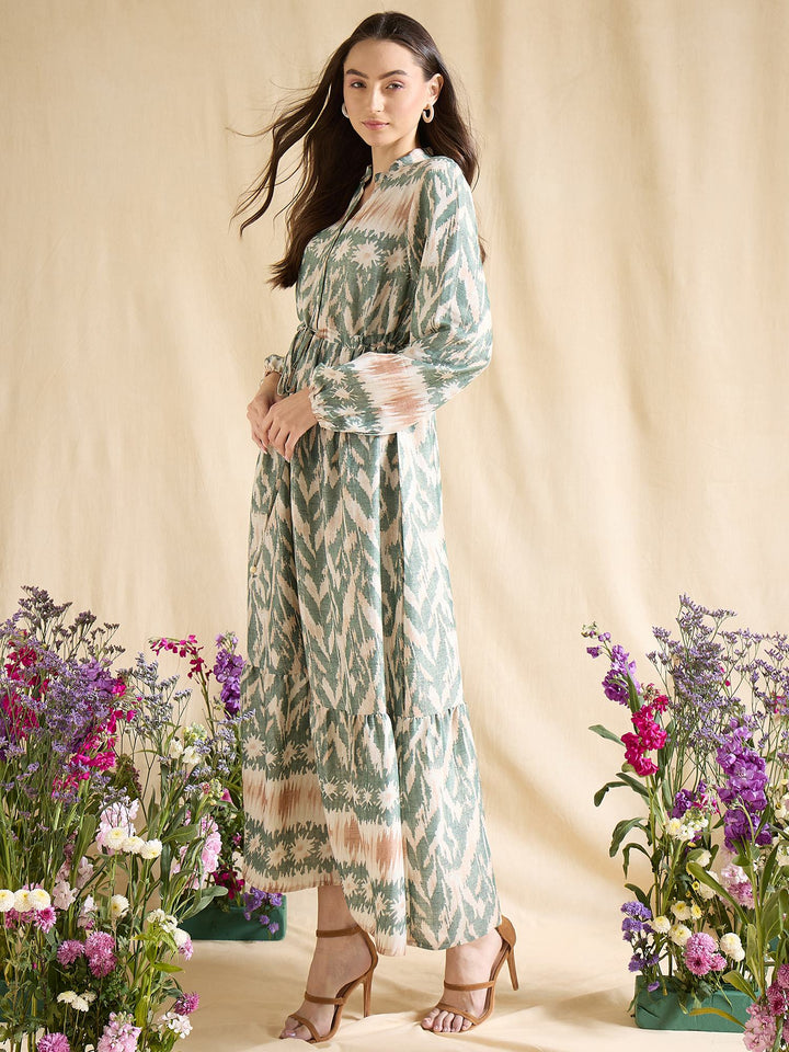 Blue Ikat Print Maxi Dress for Women with Tie Waist & Long Sleeves