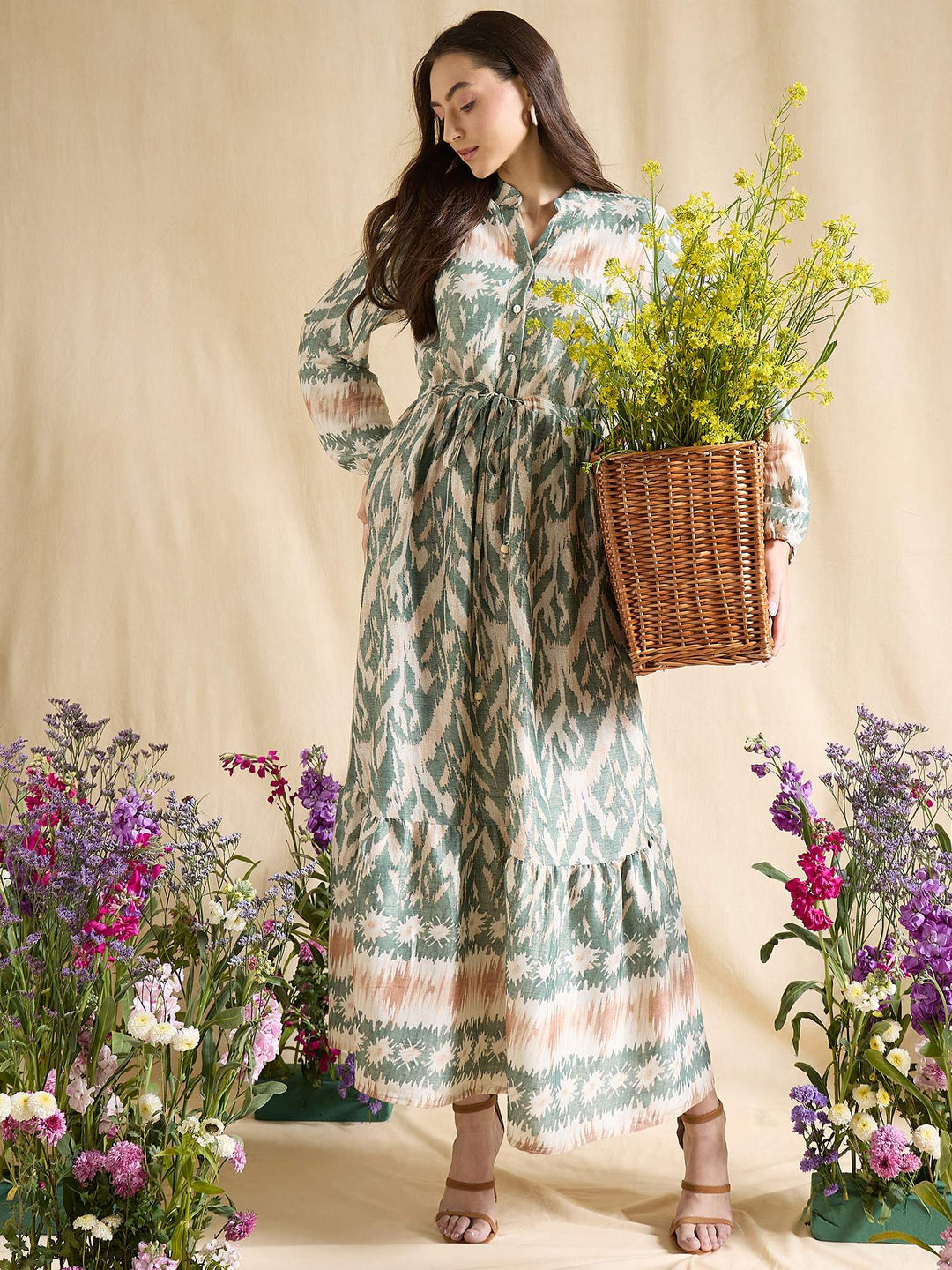 Blue Ikat Print Maxi Dress for Women with Tie Waist & Long Sleeves