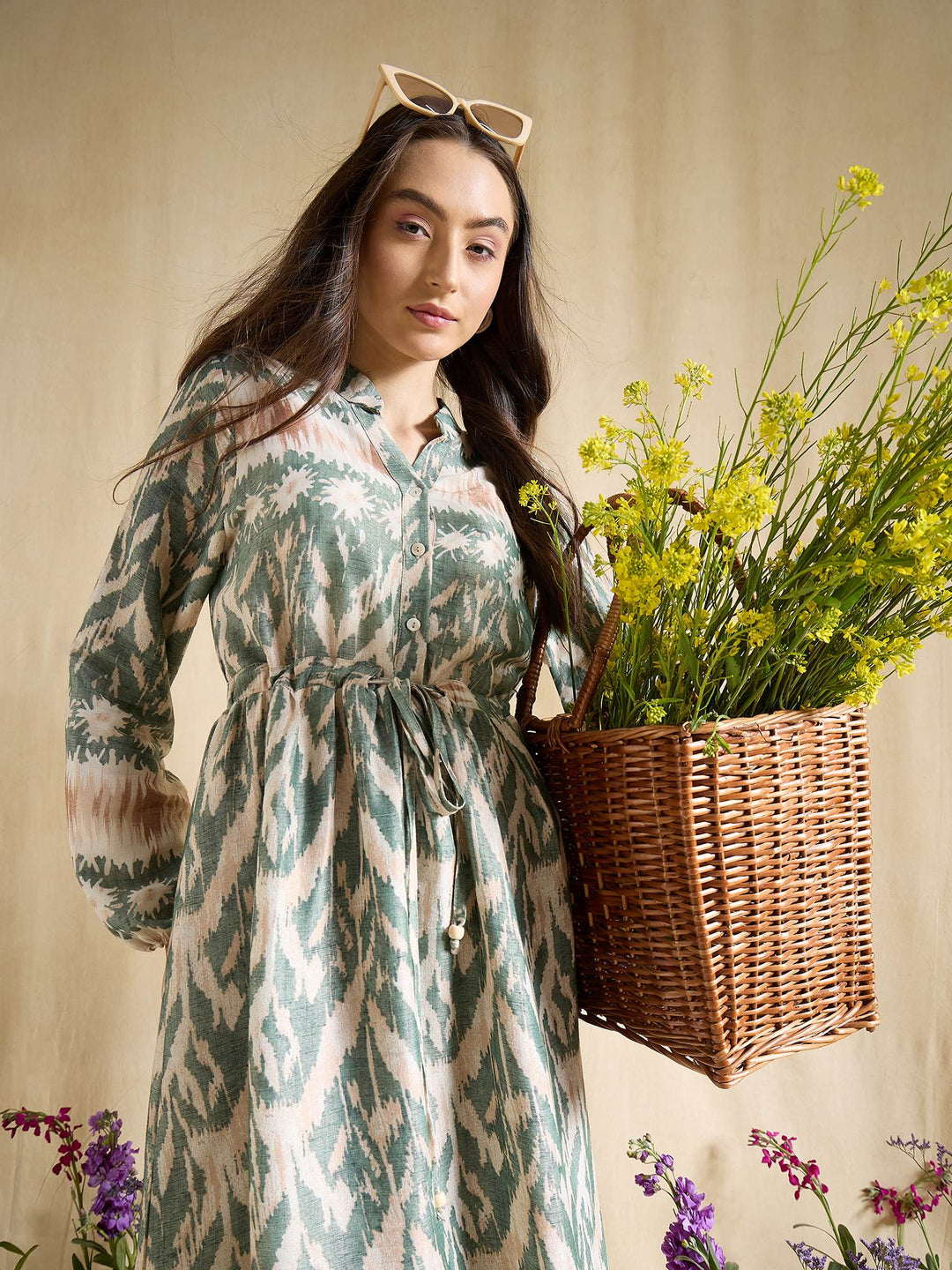 Blue Ikat Print Maxi Dress for Women with Tie Waist & Long Sleeves