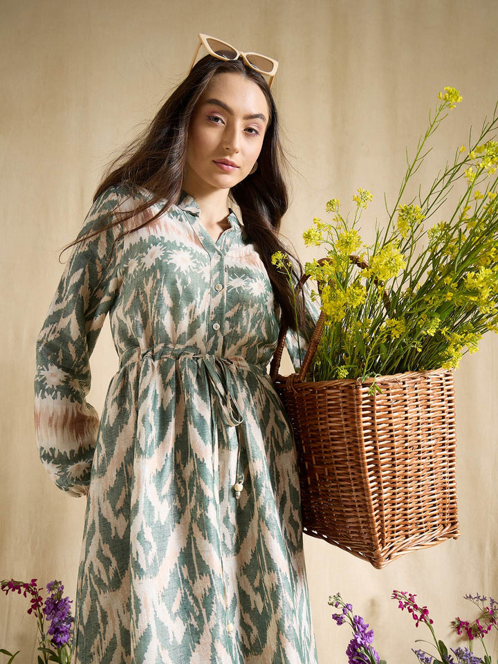 Blue Ikat Print Maxi Dress for Women with Tie Waist & Long Sleeves