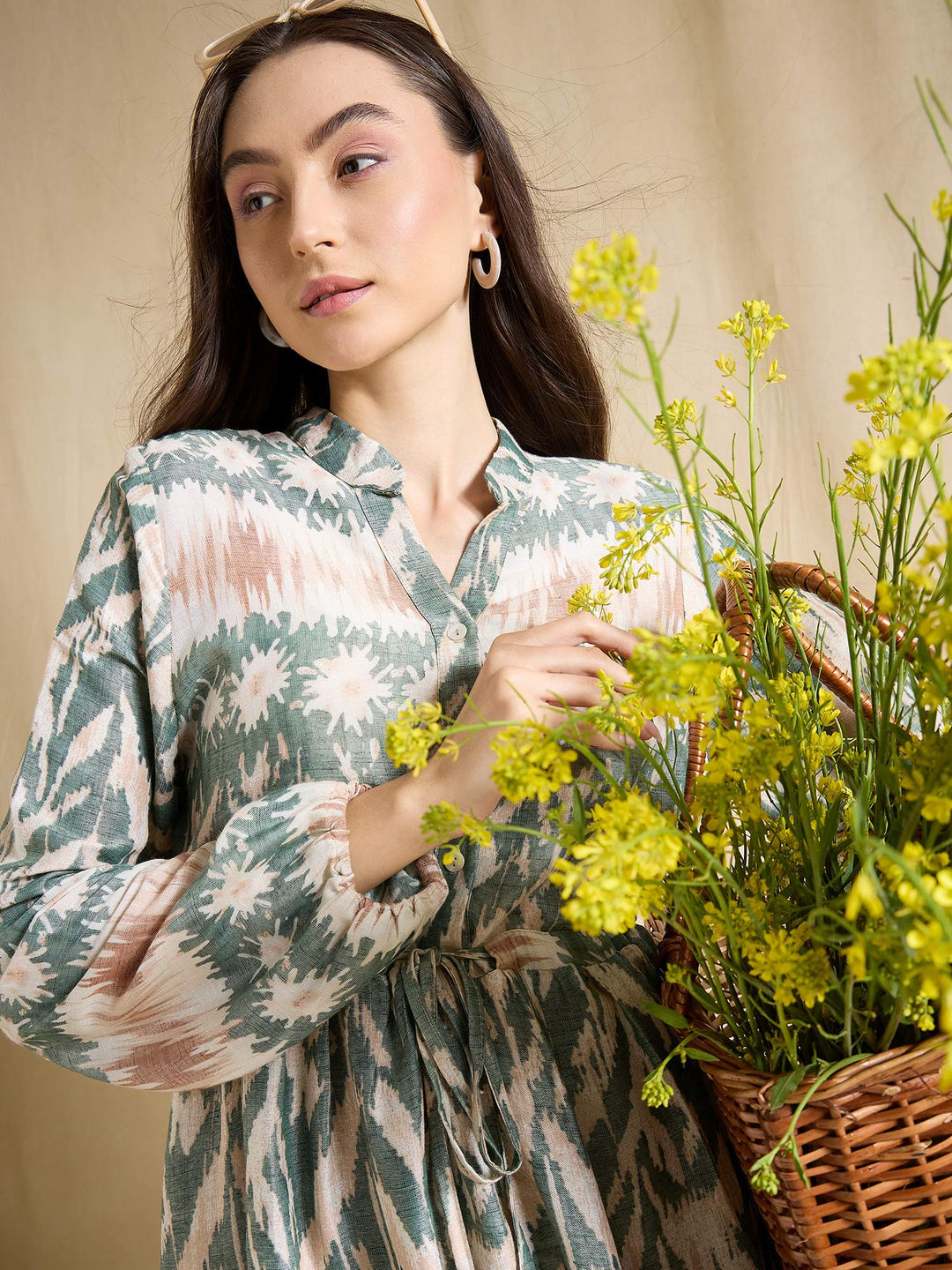 Blue Ikat Print Maxi Dress for Women with Tie Waist & Long Sleeves