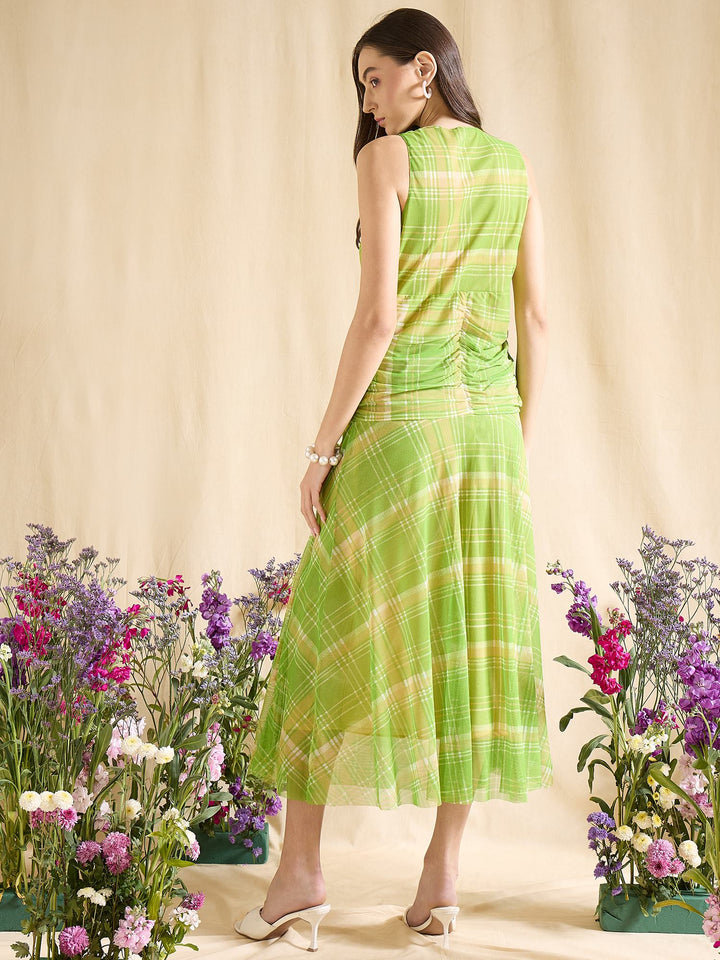 Pink Plaid Ruched Waist Sleeveless V-Neck Midi Dress Casual