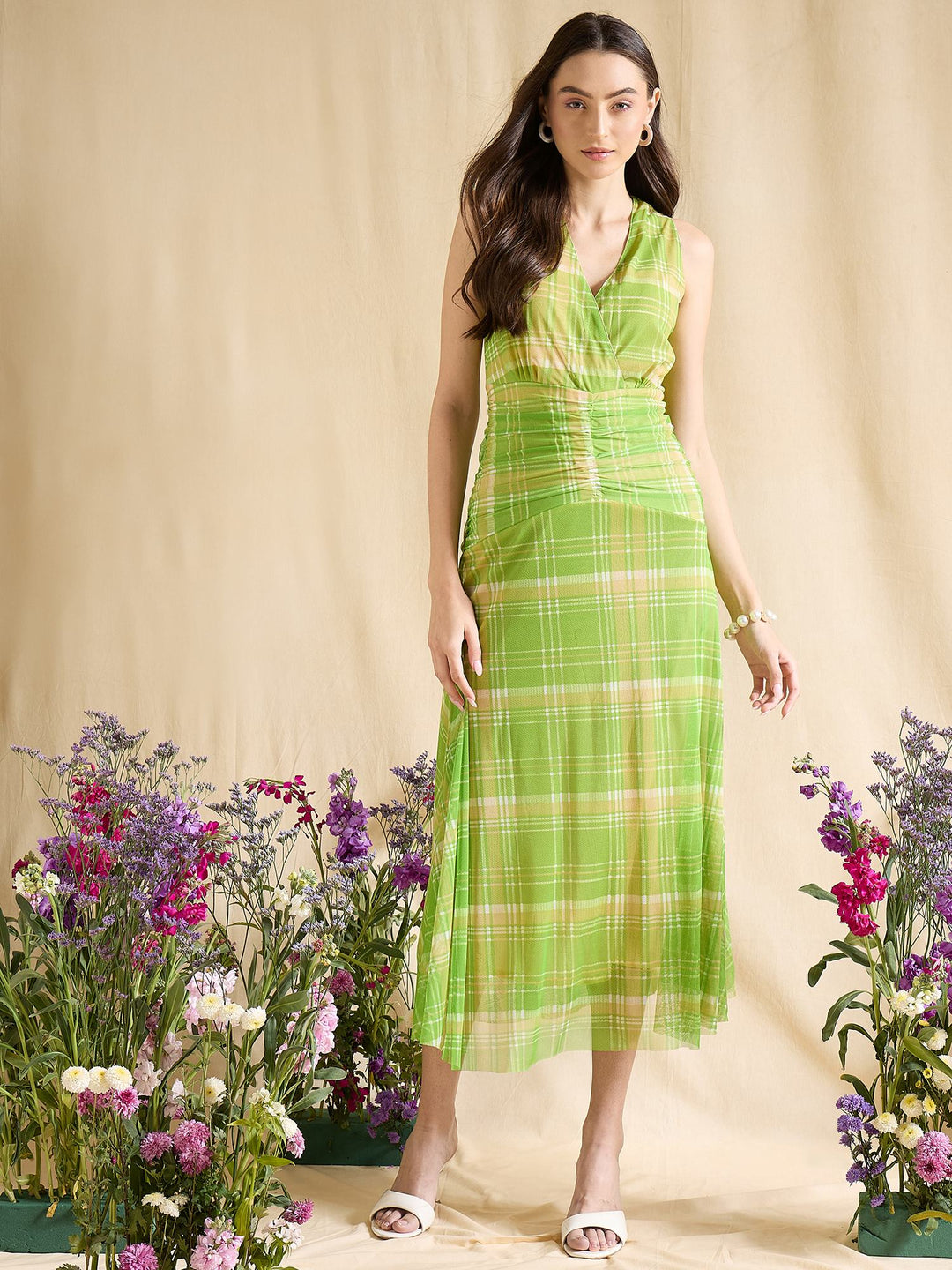 Pink Plaid Ruched Waist Sleeveless V-Neck Midi Dress Casual