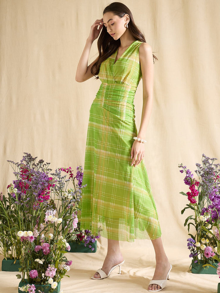 Pink Plaid Ruched Waist Sleeveless V-Neck Midi Dress Casual