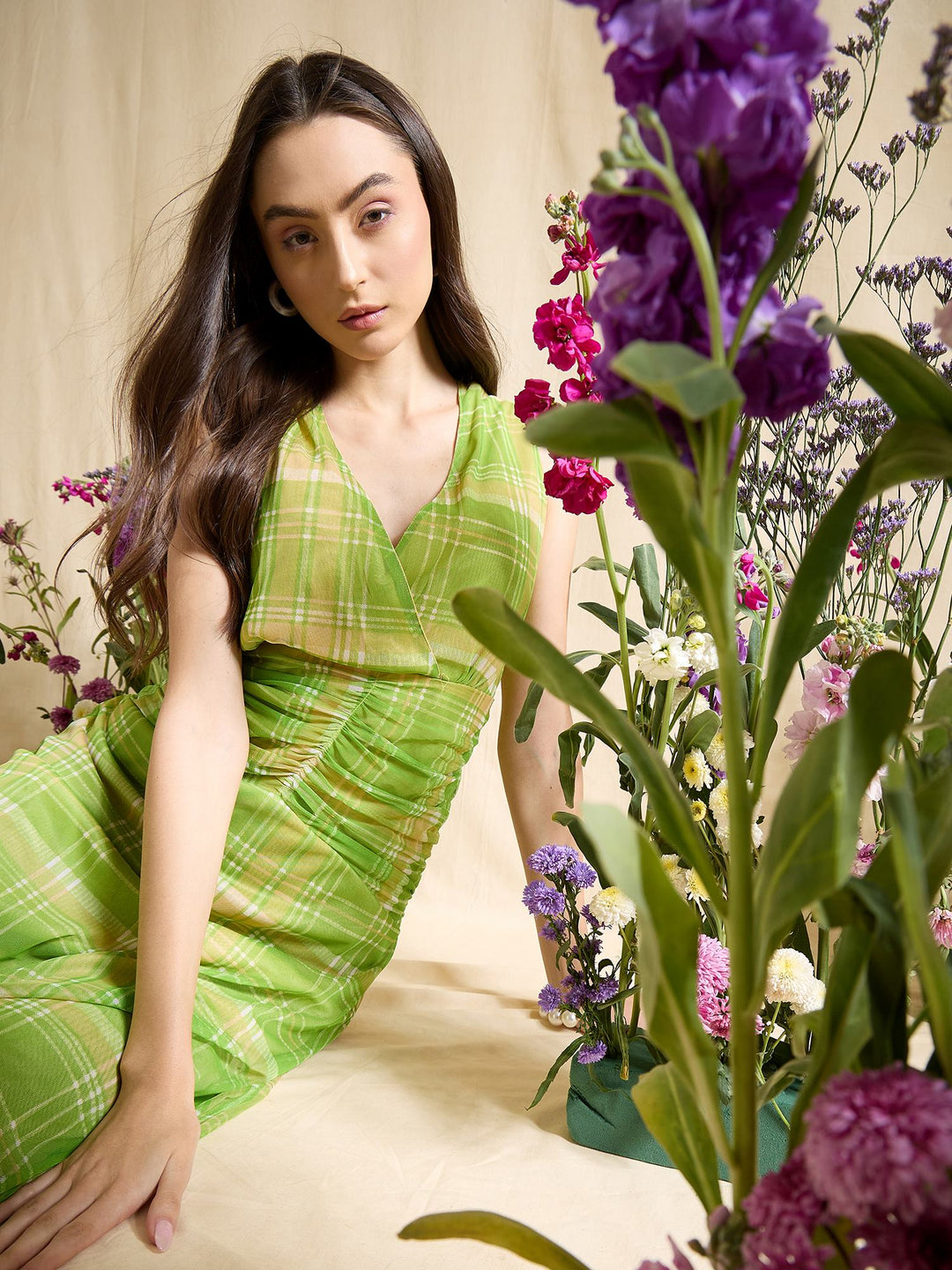 Pink Plaid Ruched Waist Sleeveless V-Neck Midi Dress Casual