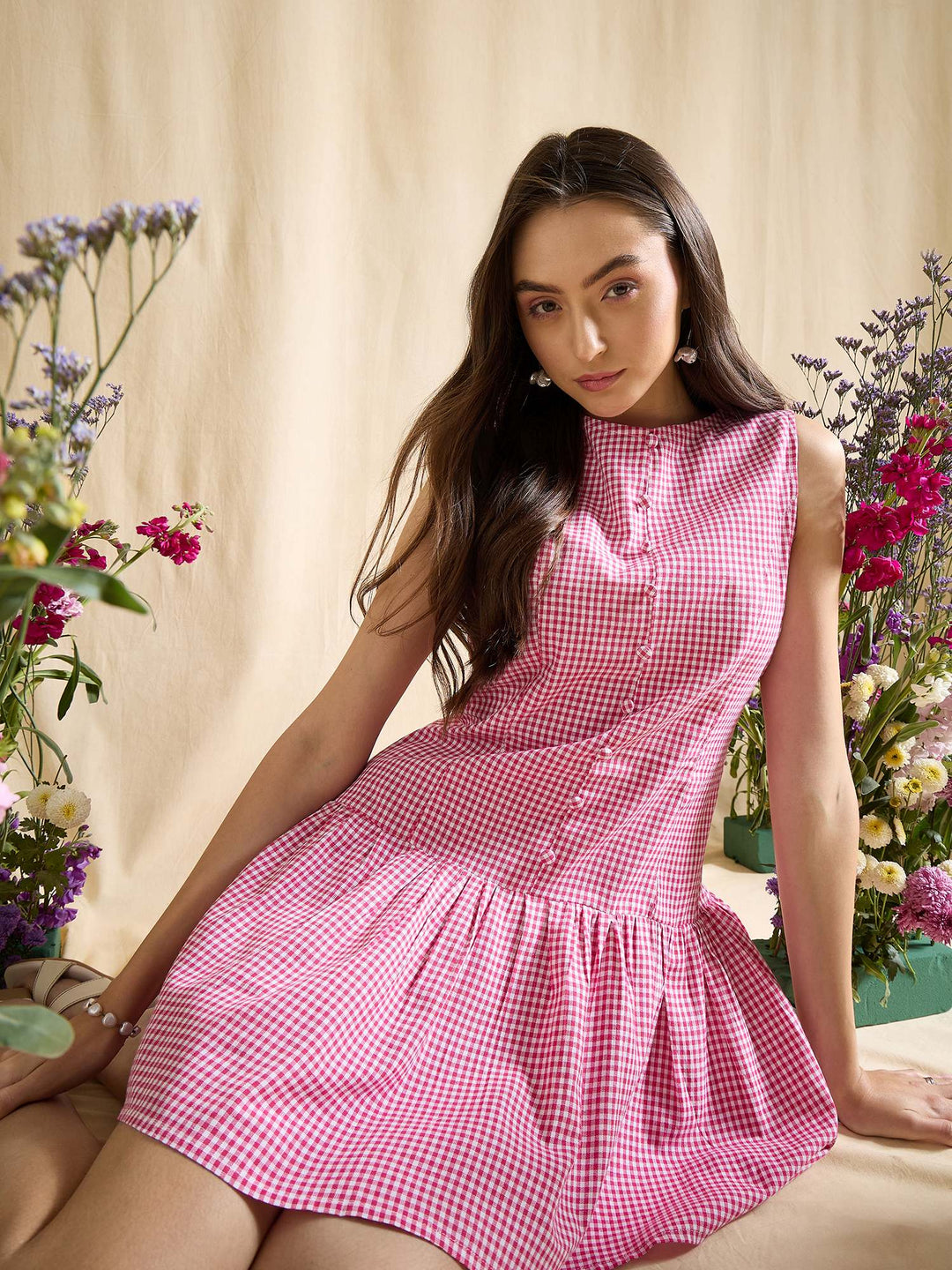 Pink Gingham Check Sleeveless Button Down A-Line Mini Dress