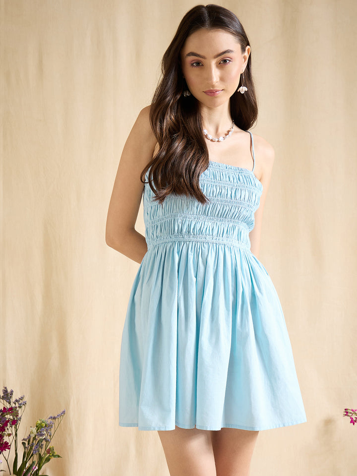 Sky Blue Smocked Sleeveless A-Line Mini Dress Summer Casual Wear