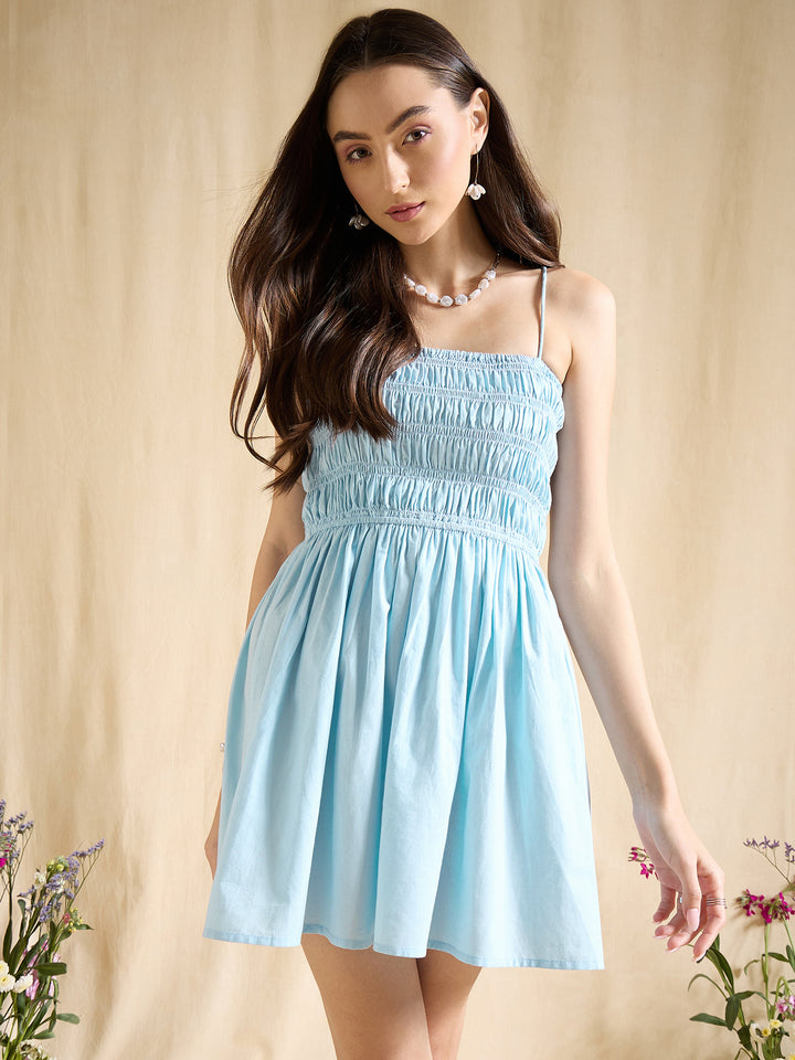 Sky Blue Smocked Sleeveless A-Line Mini Dress Summer Casual Wear