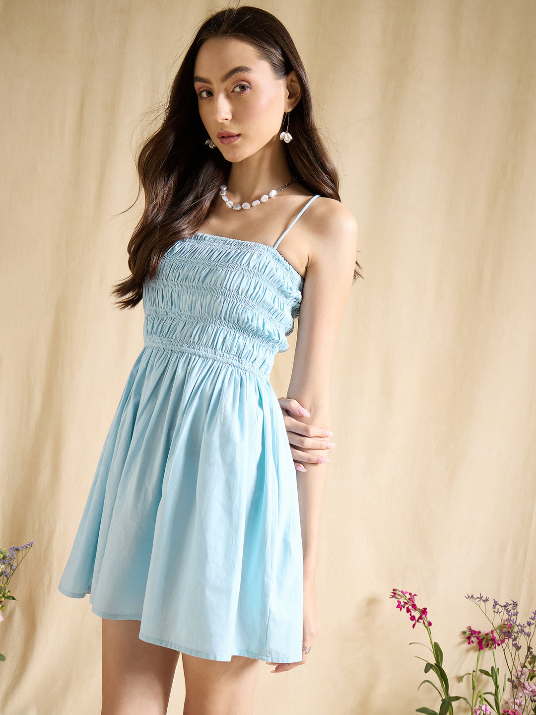 Sky Blue Smocked Sleeveless A-Line Mini Dress Summer Casual Wear
