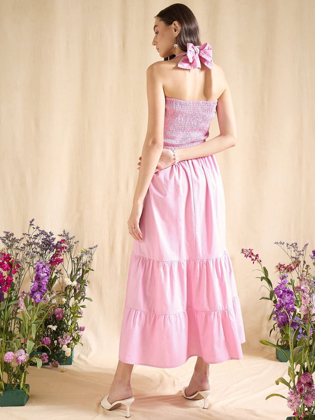 Sky Blue Smocked Halter Neck Tiered Maxi Dress Summer Beachwear