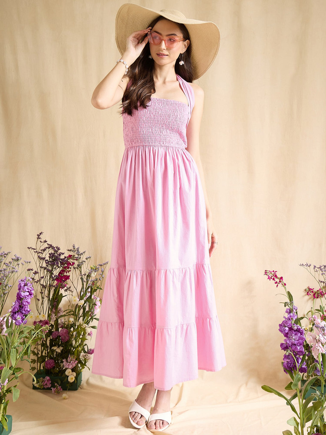 Sky Blue Smocked Halter Neck Tiered Maxi Dress Summer Beachwear