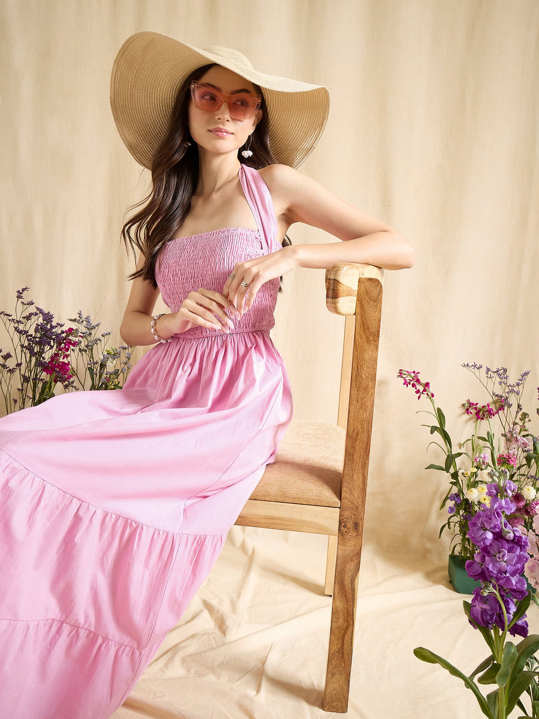 Sky Blue Smocked Halter Neck Tiered Maxi Dress Summer Beachwear