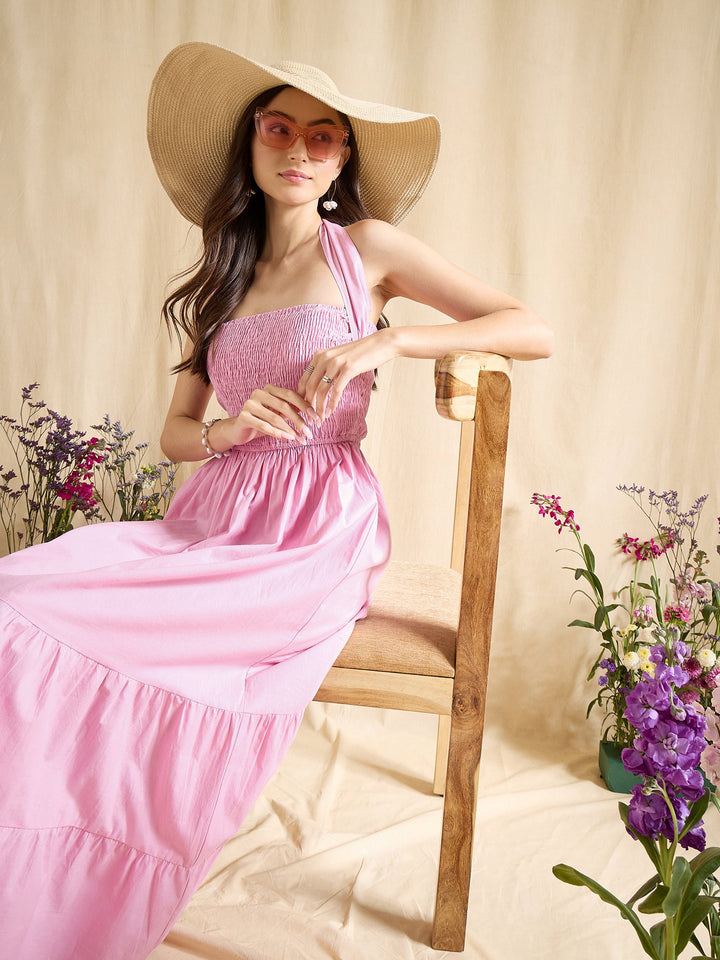 Sky Blue Smocked Halter Neck Tiered Maxi Dress Summer Beachwear