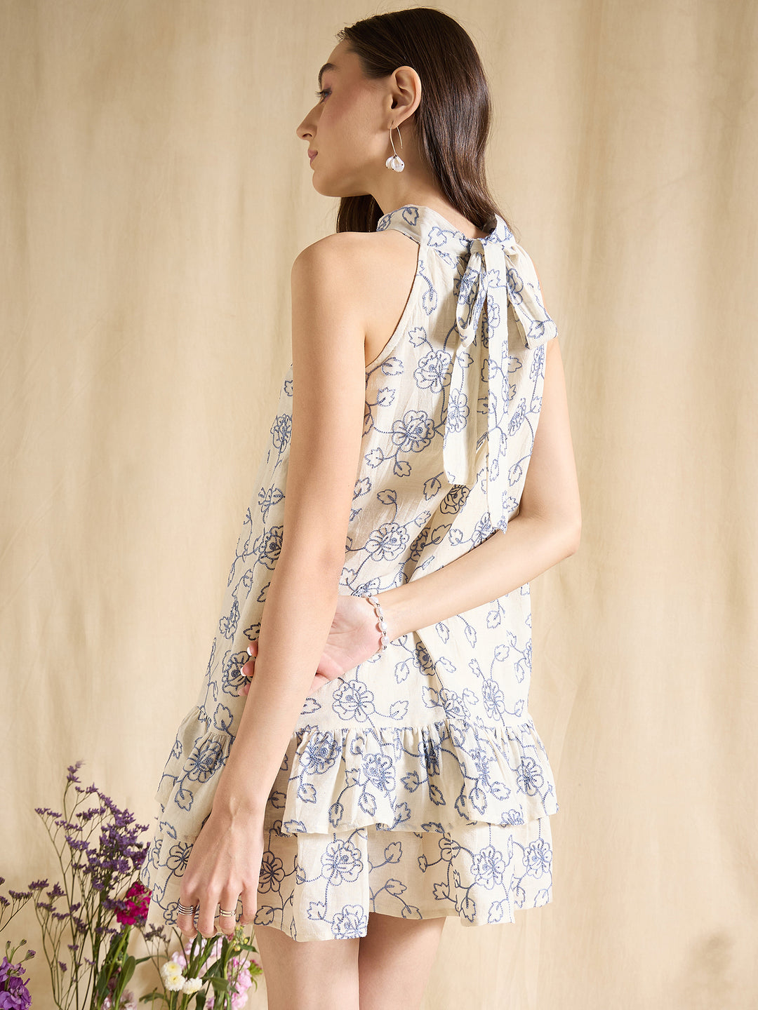 Floral Embroidered Halter Neck Ruffle Hem A-Line Mini Dress Casual