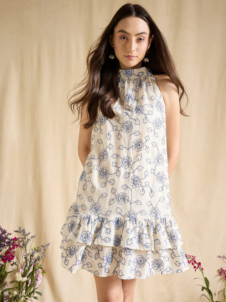 Floral Embroidered Halter Neck Ruffle Hem A-Line Mini Dress Casual