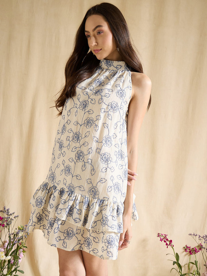 Floral Embroidered Halter Neck Ruffle Hem A-Line Mini Dress Casual
