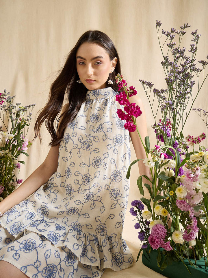 Floral Embroidered Halter Neck Ruffle Hem A-Line Mini Dress Casual