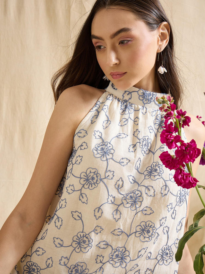 Floral Embroidered Halter Neck Ruffle Hem A-Line Mini Dress Casual