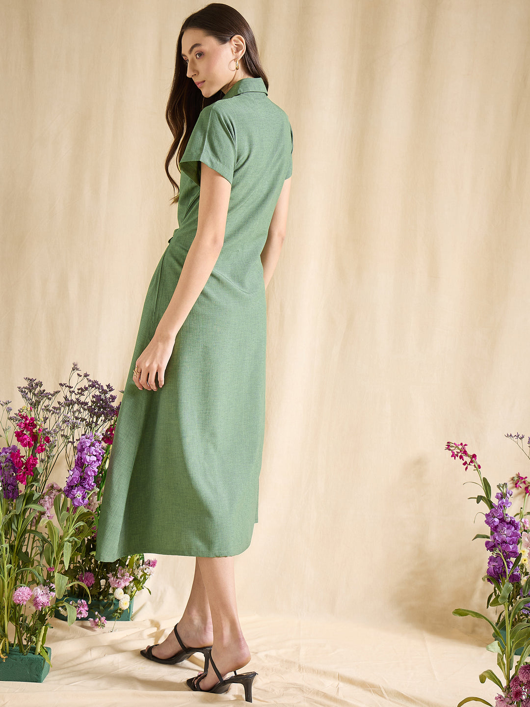 Blue Shirt Dress with Tie Waist Midi Length Button Down Casual