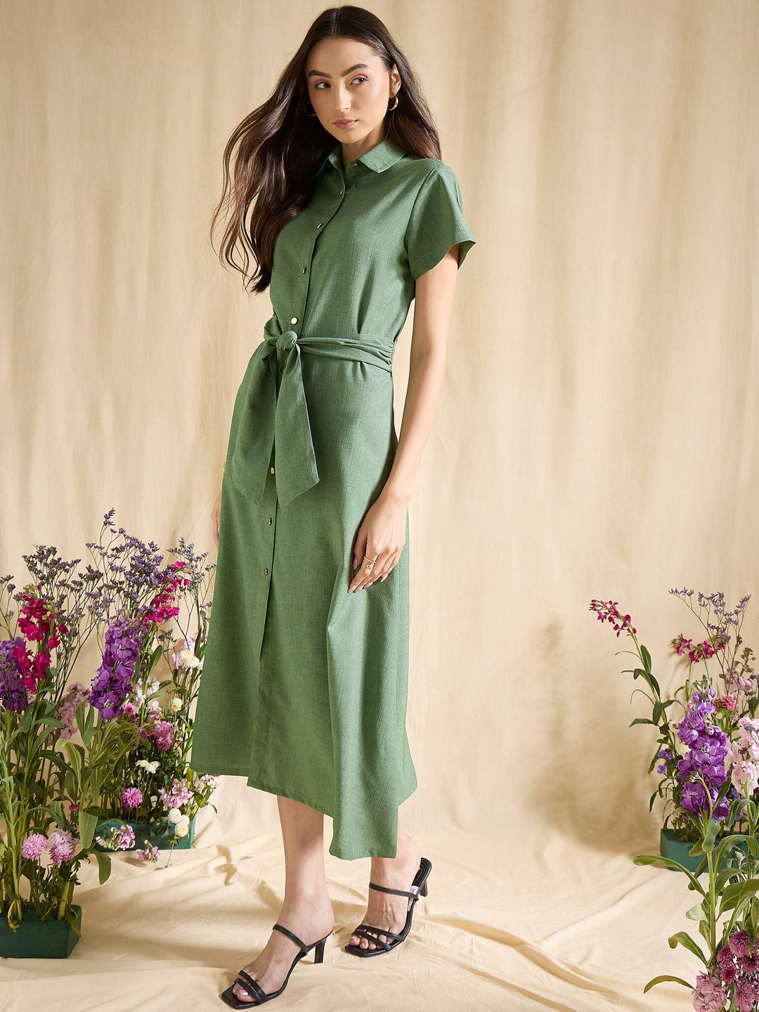 Blue Shirt Dress with Tie Waist Midi Length Button Down Casual