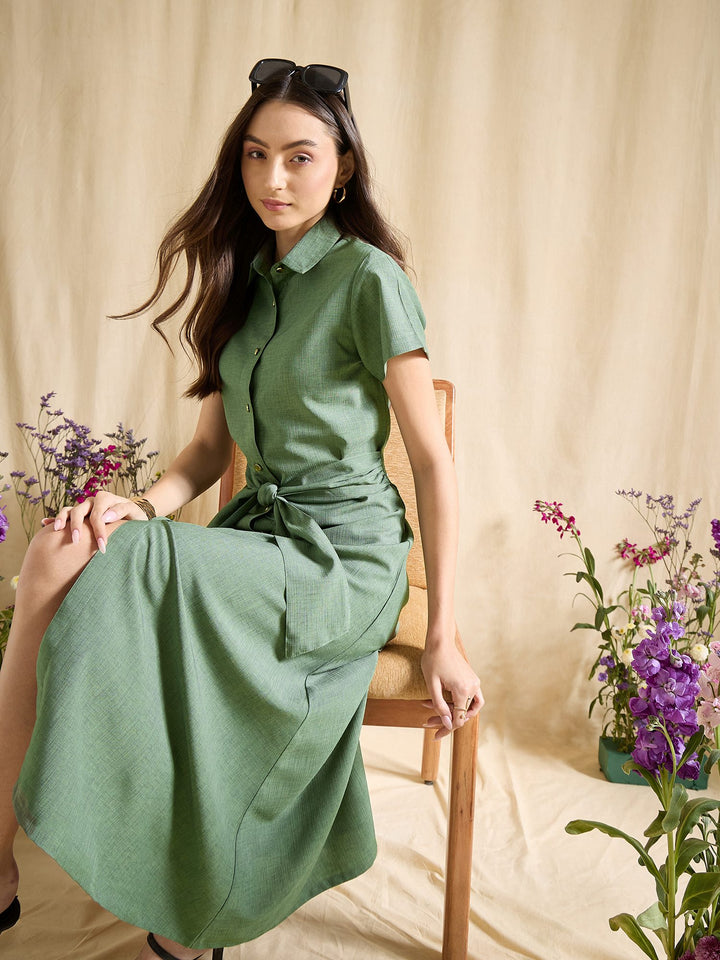 Blue Shirt Dress with Tie Waist Midi Length Button Down Casual