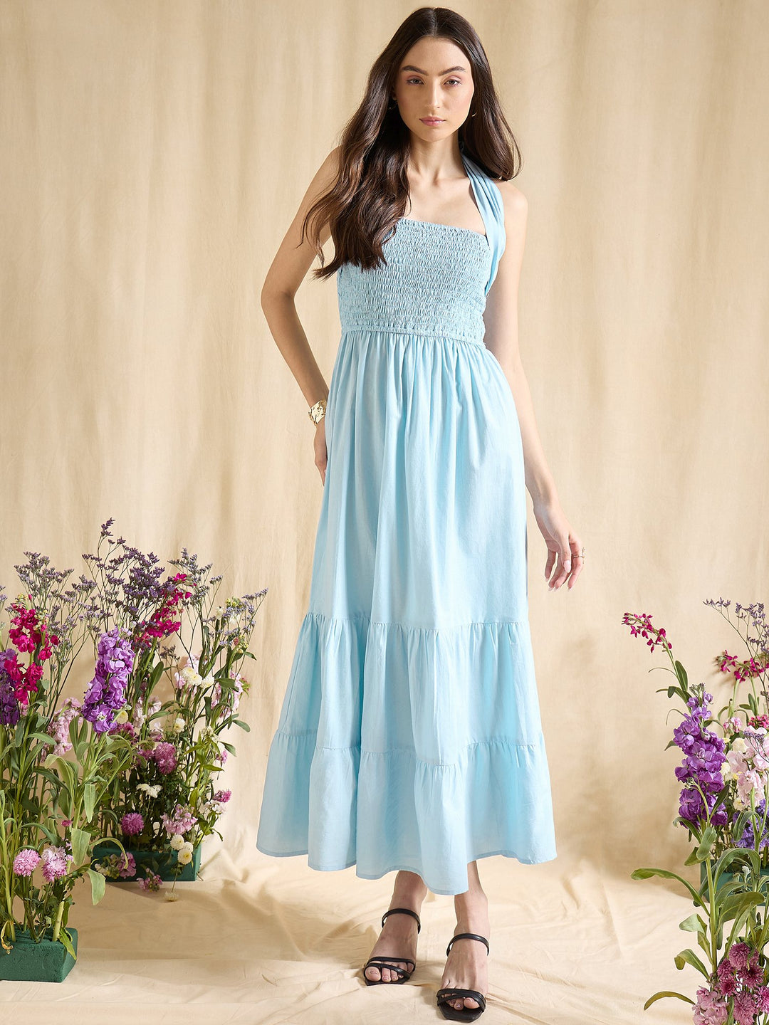 Sky Blue Smocked Halter Neck Tiered Maxi Dress Summer Beachwear