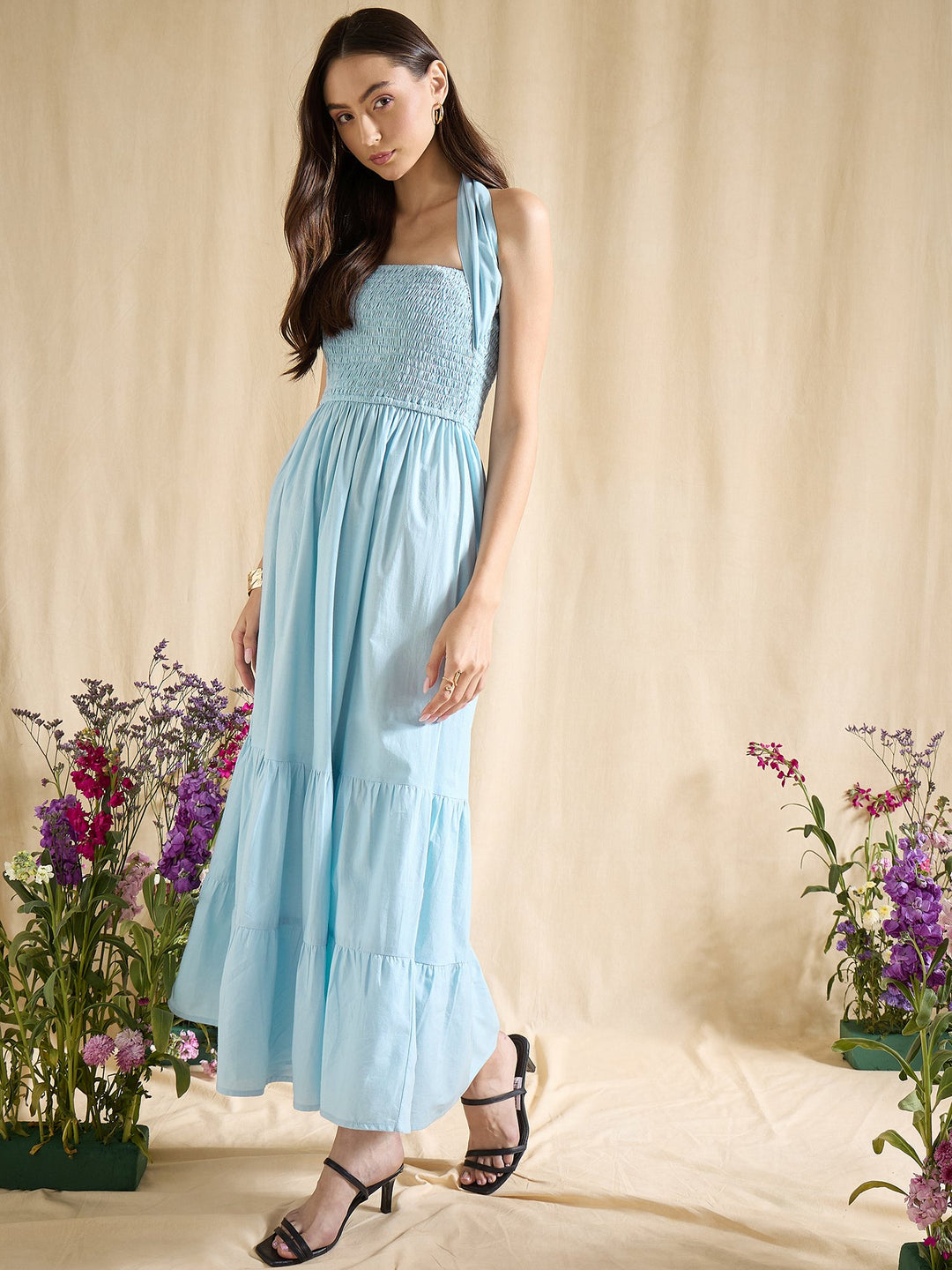 Sky Blue Smocked Halter Neck Tiered Maxi Dress Summer Beachwear