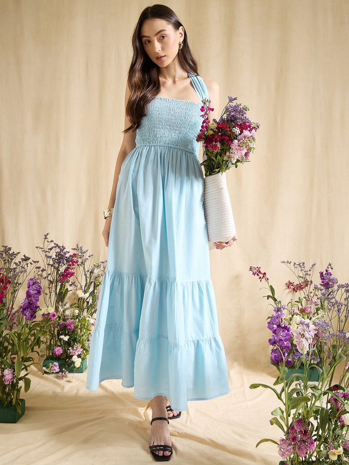 Sky Blue Smocked Halter Neck Tiered Maxi Dress Summer Beachwear
