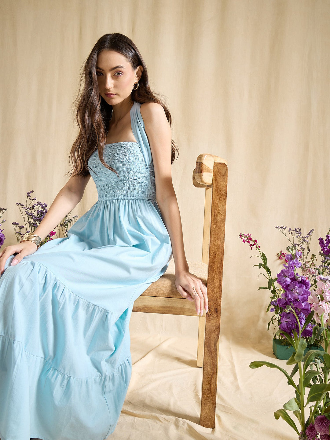 Sky Blue Smocked Halter Neck Tiered Maxi Dress Summer Beachwear