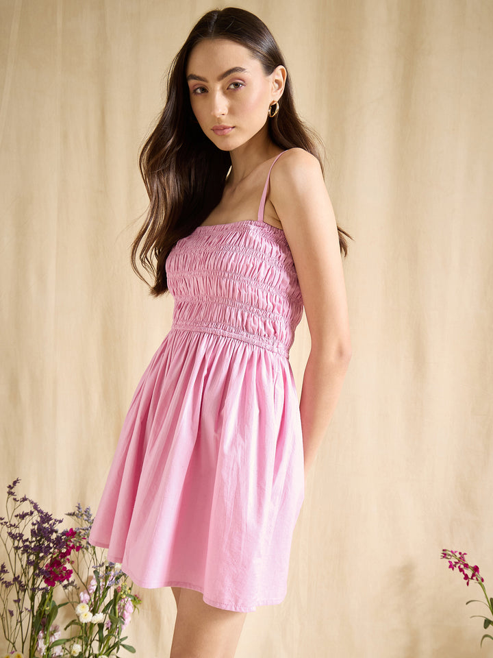 Sky Blue Smocked Sleeveless A-Line Mini Dress Summer Casual Wear