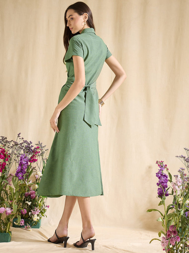 Blue Shirt Dress with Tie Waist Midi Length Button Down Casual