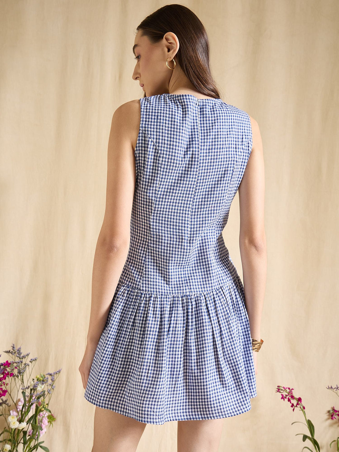 Pink Gingham Check Sleeveless Button Down A-Line Mini Dress