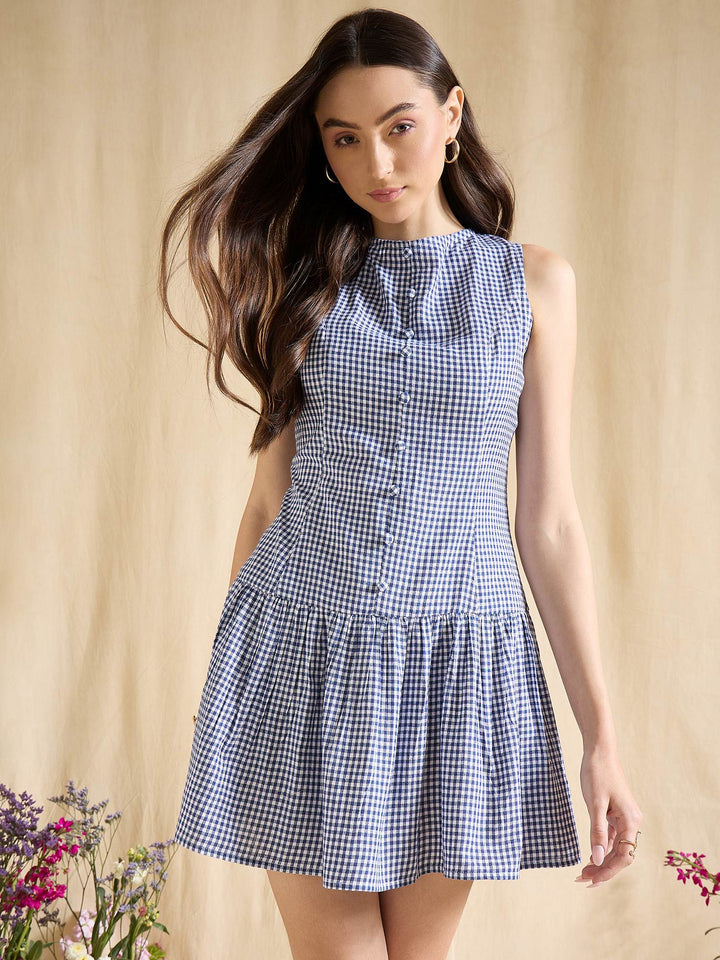 Pink Gingham Check Sleeveless Button Down A-Line Mini Dress