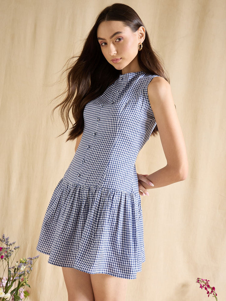 Pink Gingham Check Sleeveless Button Down A-Line Mini Dress