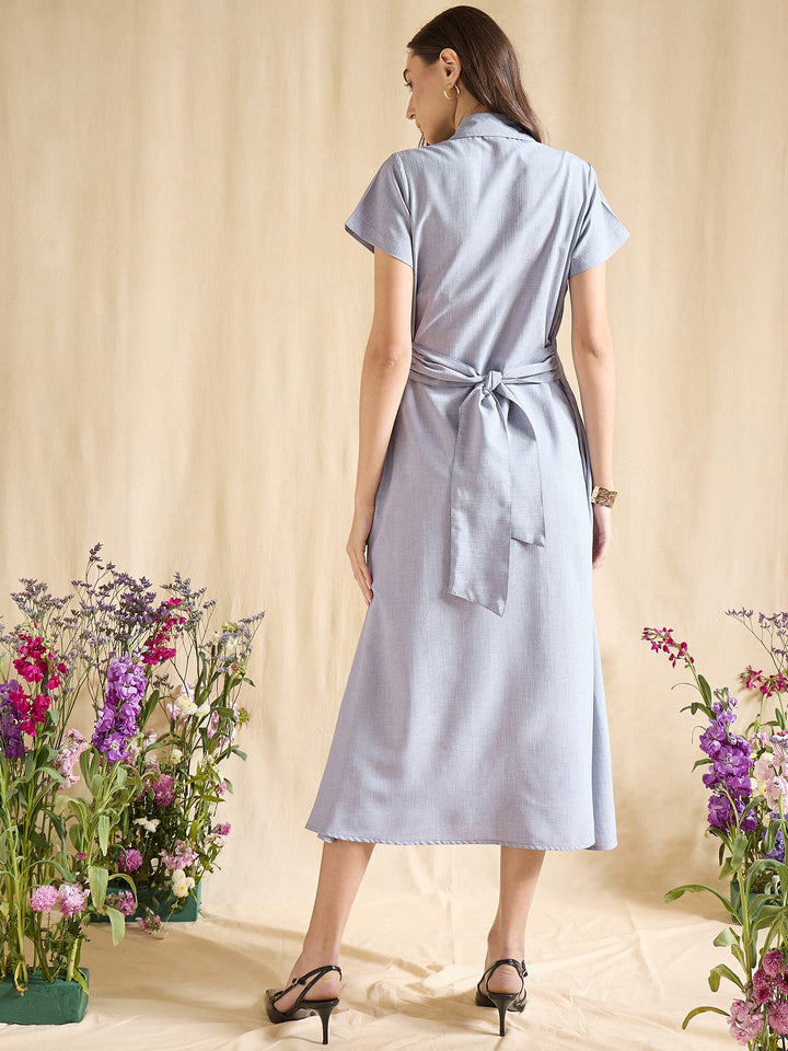 Blue Shirt Dress with Tie Waist Midi Length Button Down Casual