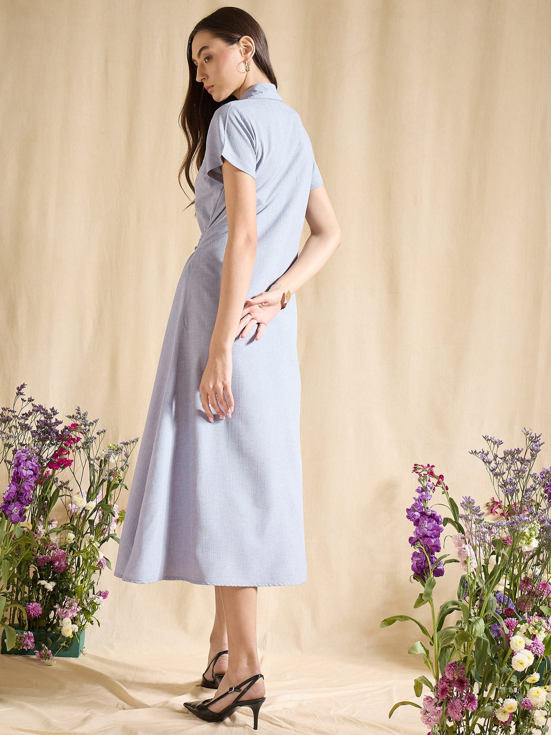 Blue Shirt Dress with Tie Waist Midi Length Button Down Casual