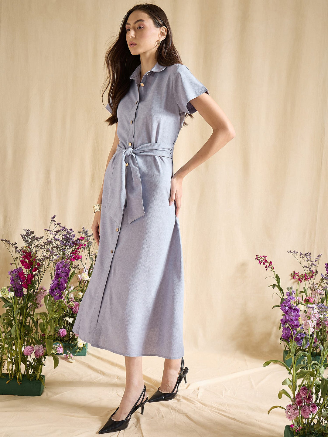 Blue Shirt Dress with Tie Waist Midi Length Button Down Casual