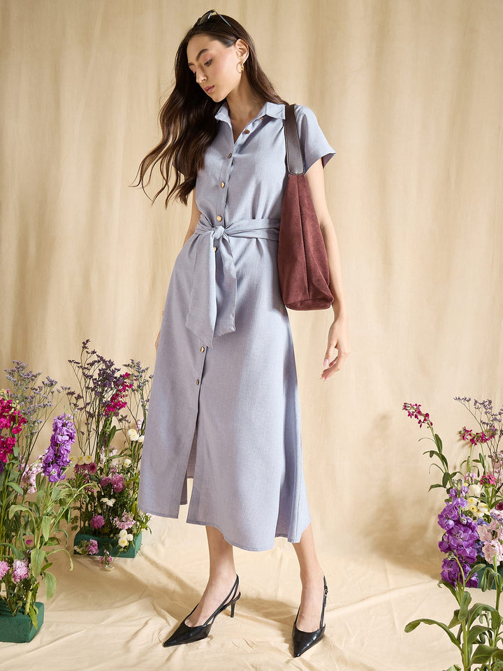 Blue Shirt Dress with Tie Waist Midi Length Button Down Casual