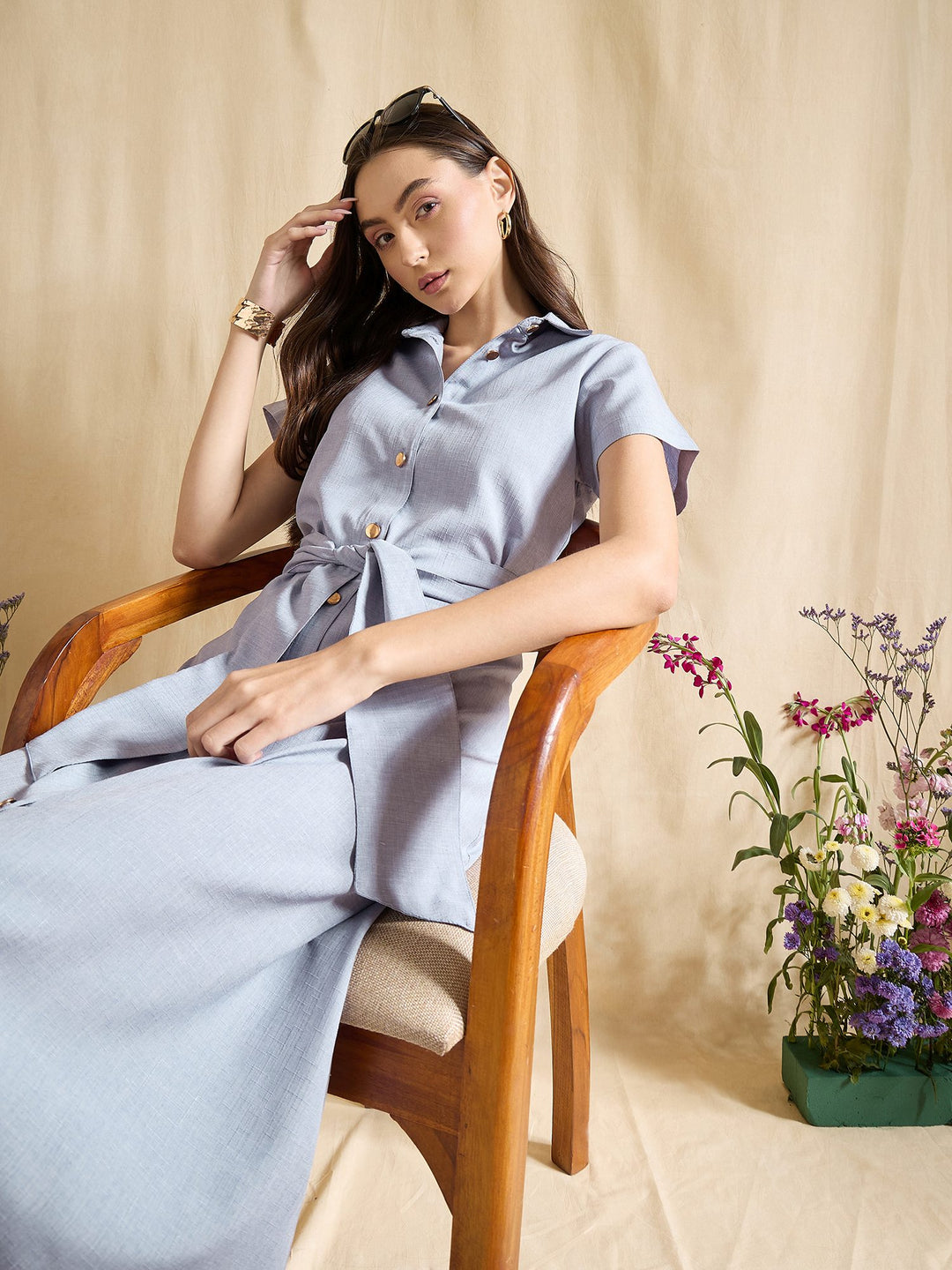 Blue Shirt Dress with Tie Waist Midi Length Button Down Casual